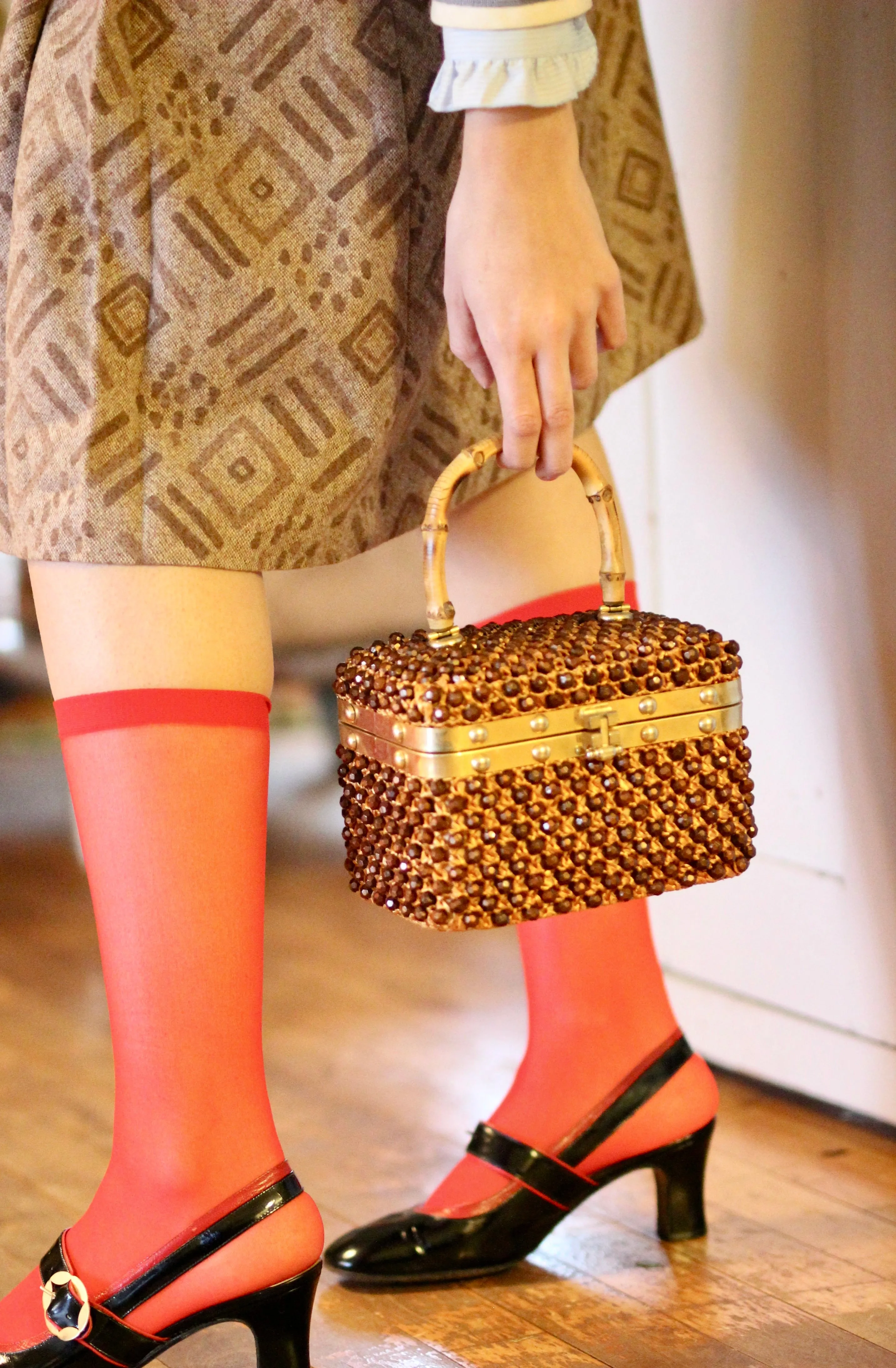 1950s Box Bag with Plastic Beads and Bamboo Handle