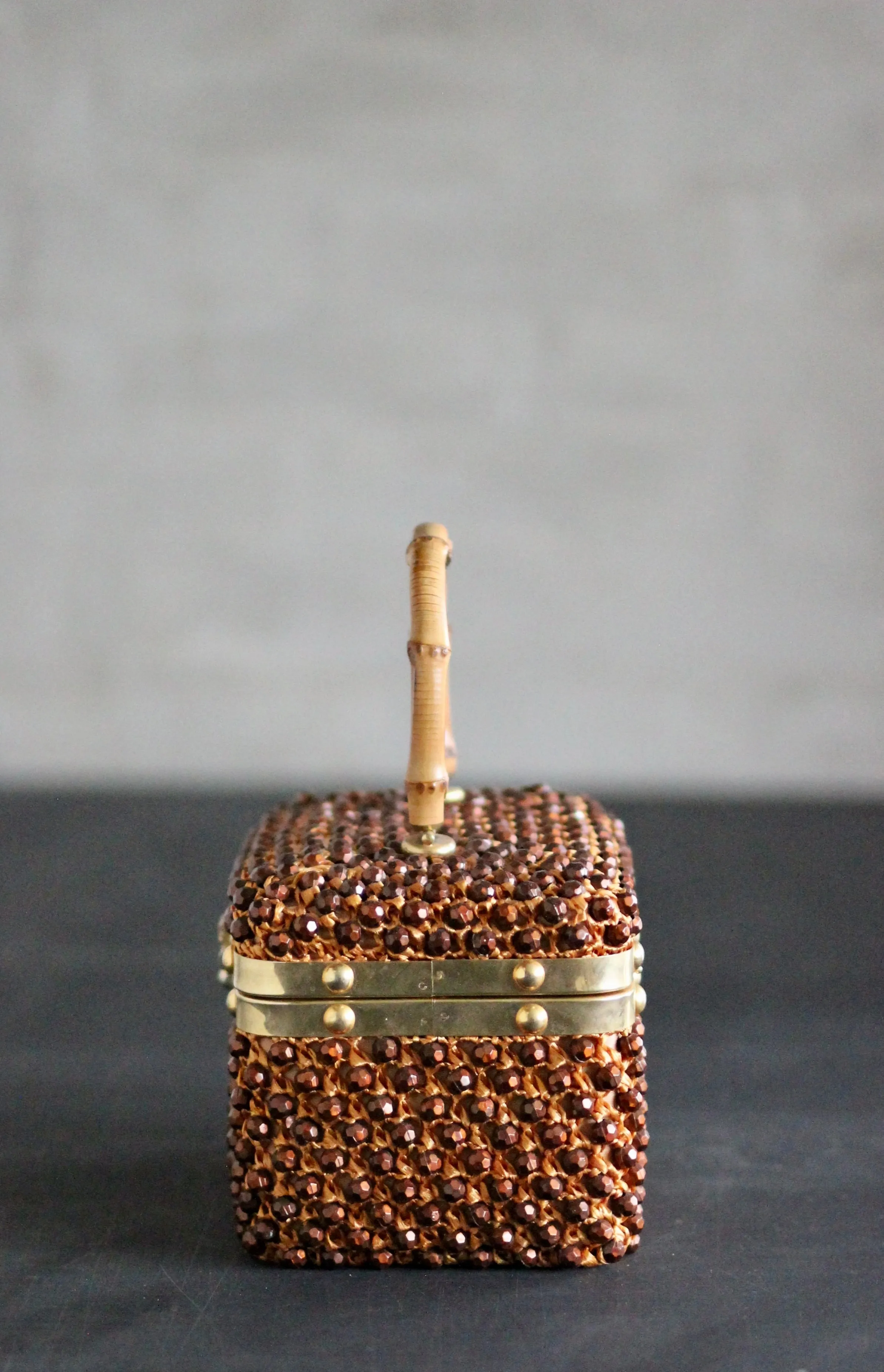 1950s Box Bag with Plastic Beads and Bamboo Handle
