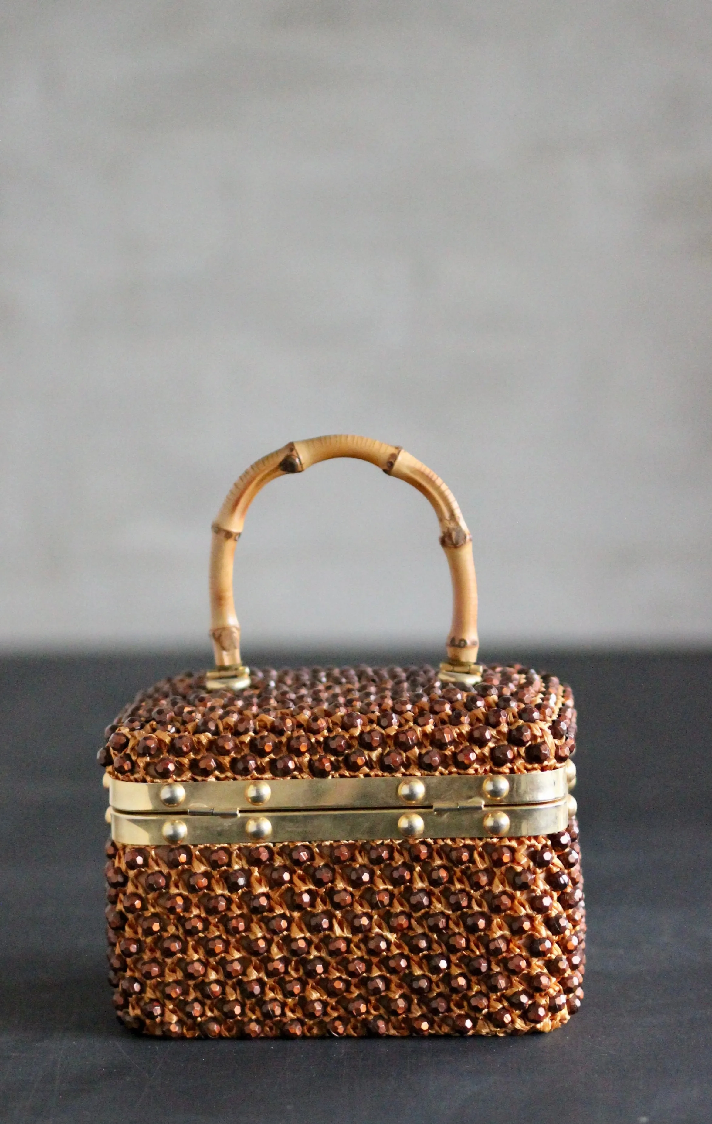1950s Box Bag with Plastic Beads and Bamboo Handle