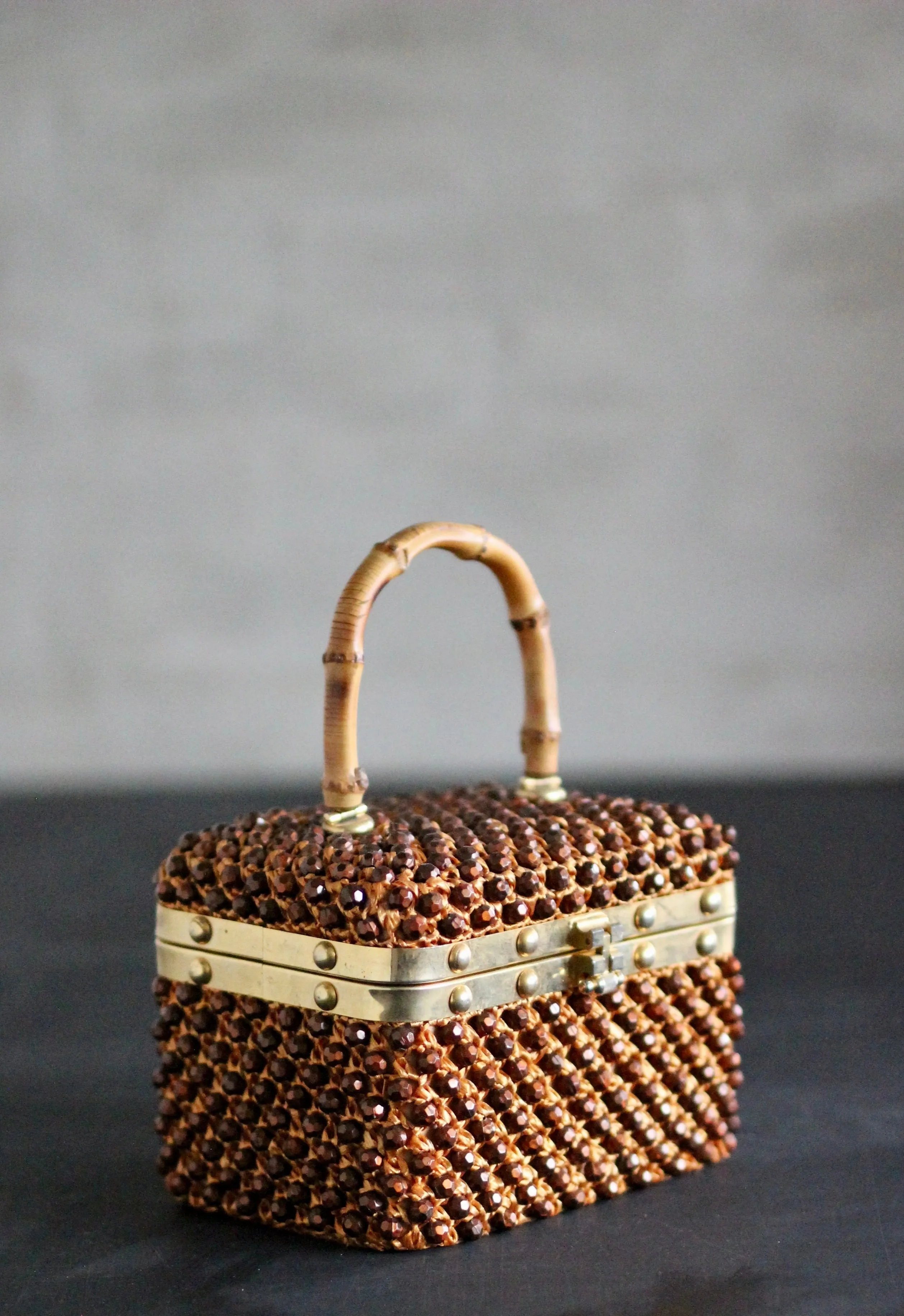 1950s Box Bag with Plastic Beads and Bamboo Handle