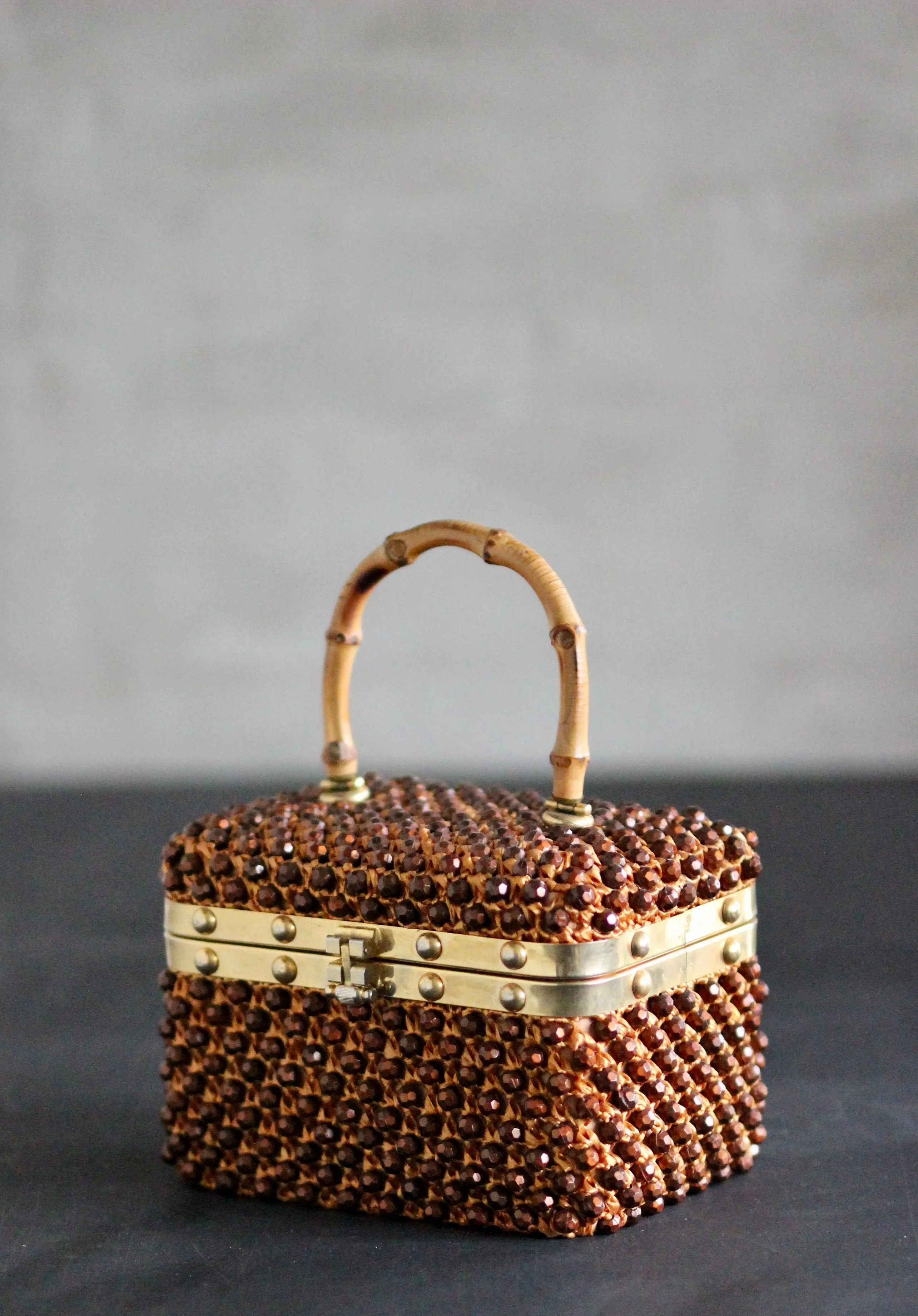 1950s Box Bag with Plastic Beads and Bamboo Handle