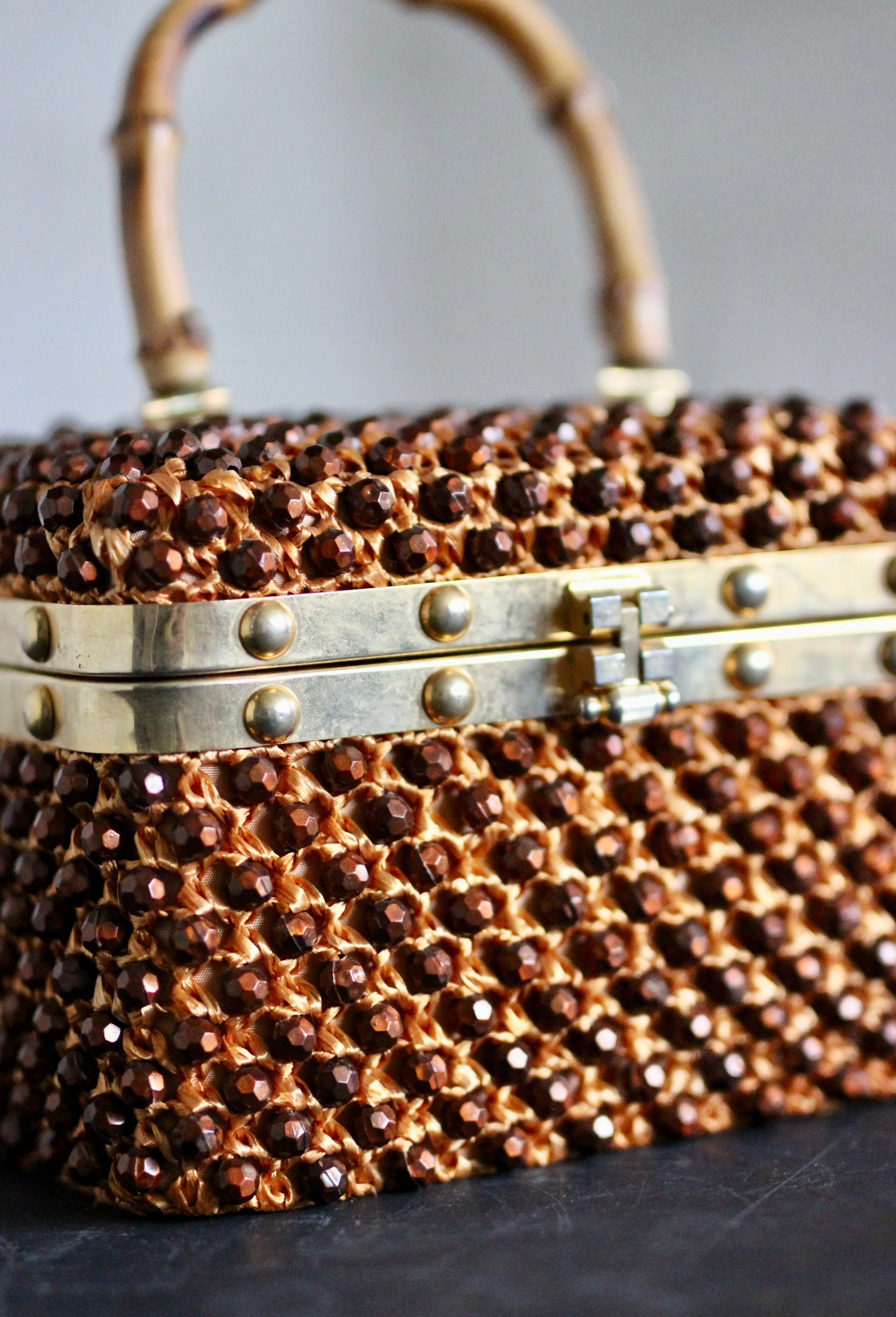 1950s Box Bag with Plastic Beads and Bamboo Handle