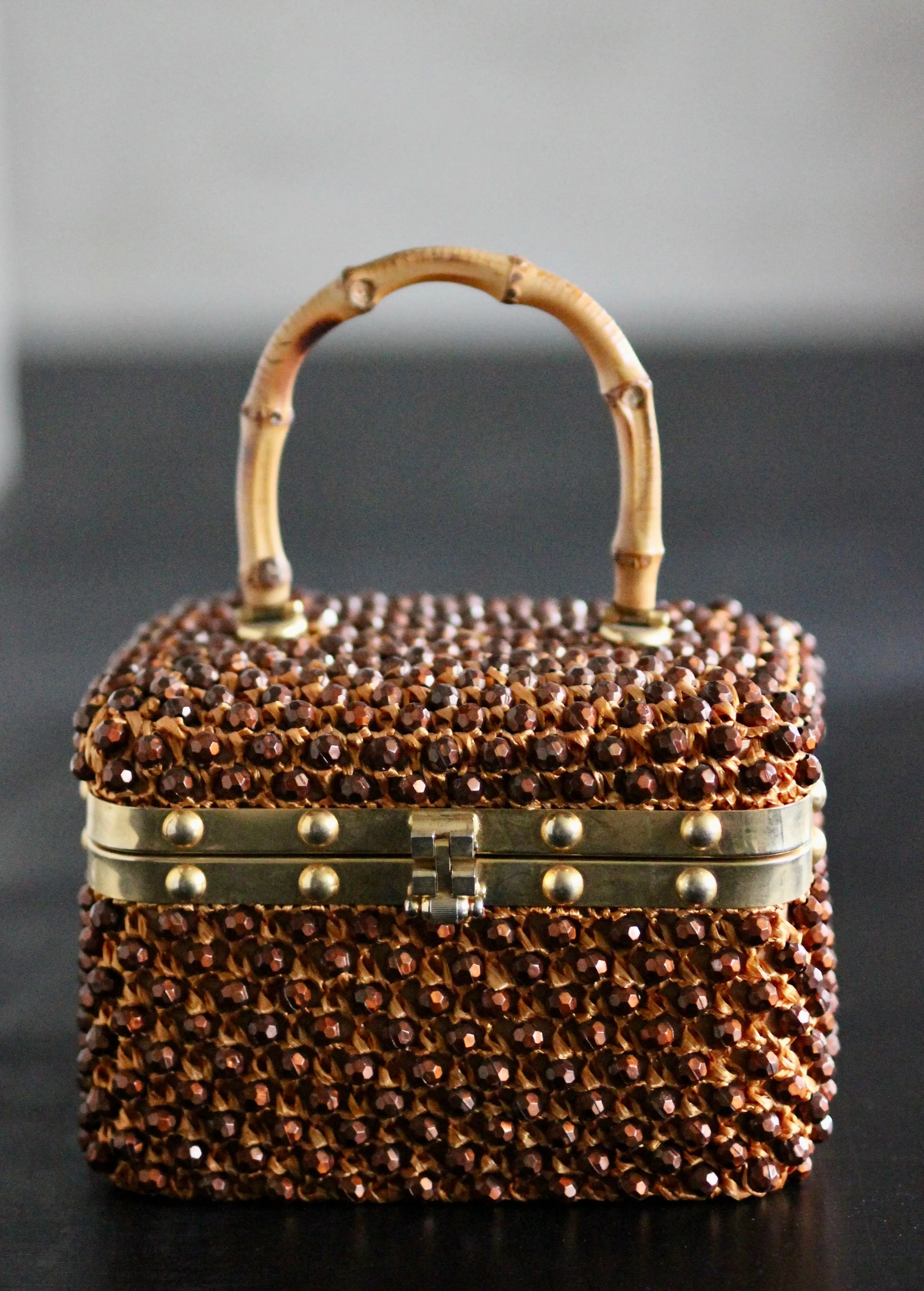 1950s Box Bag with Plastic Beads and Bamboo Handle