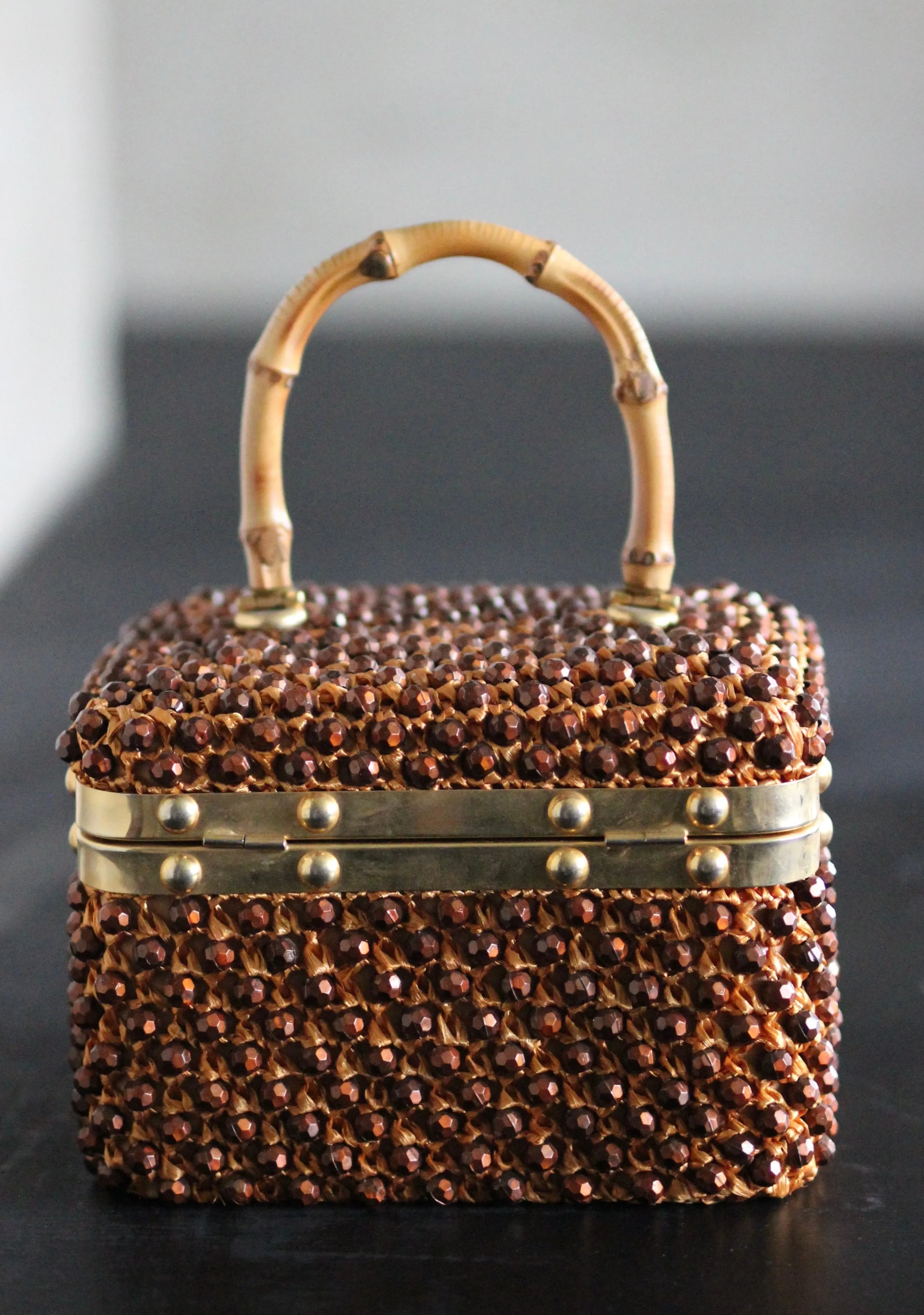 1950s Box Bag with Plastic Beads and Bamboo Handle