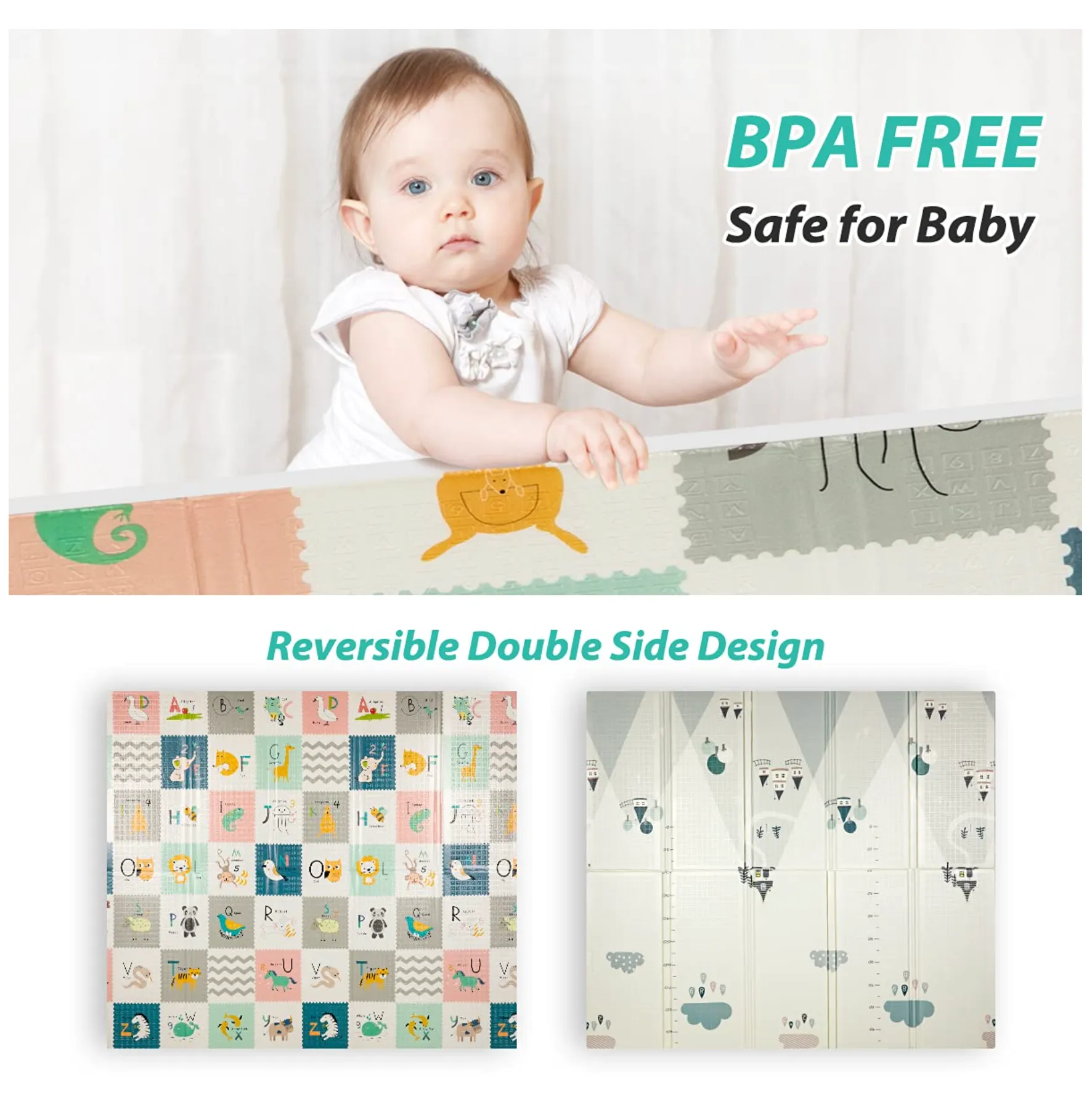 2m*1.8m*1.5cm - Foldable Baby Play Mat with Carry Bag - Elephant & ABC Double Sides - (Thickness 1.5cm) - Waterproof Indoor Outdoor Use