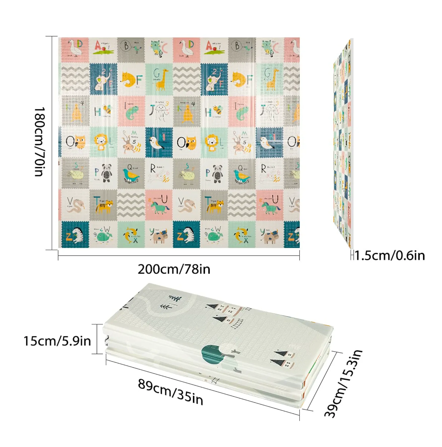 2m*1.8m*1.5cm - Foldable Baby Play Mat with Carry Bag - Elephant & ABC Double Sides - (Thickness 1.5cm) - Waterproof Indoor Outdoor Use