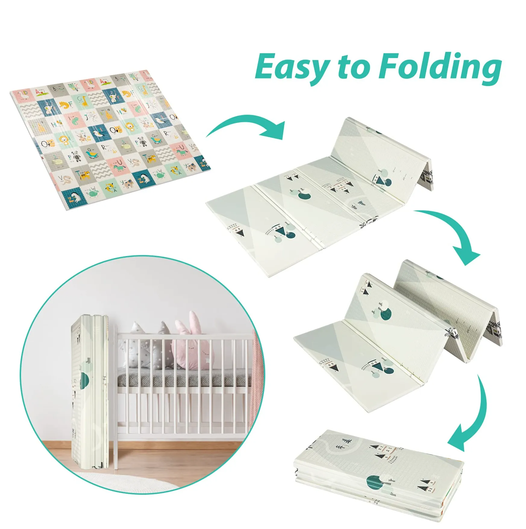 2m*1.8m*1.5cm - Foldable Baby Play Mat with Carry Bag - Elephant & ABC Double Sides - (Thickness 1.5cm) - Waterproof Indoor Outdoor Use