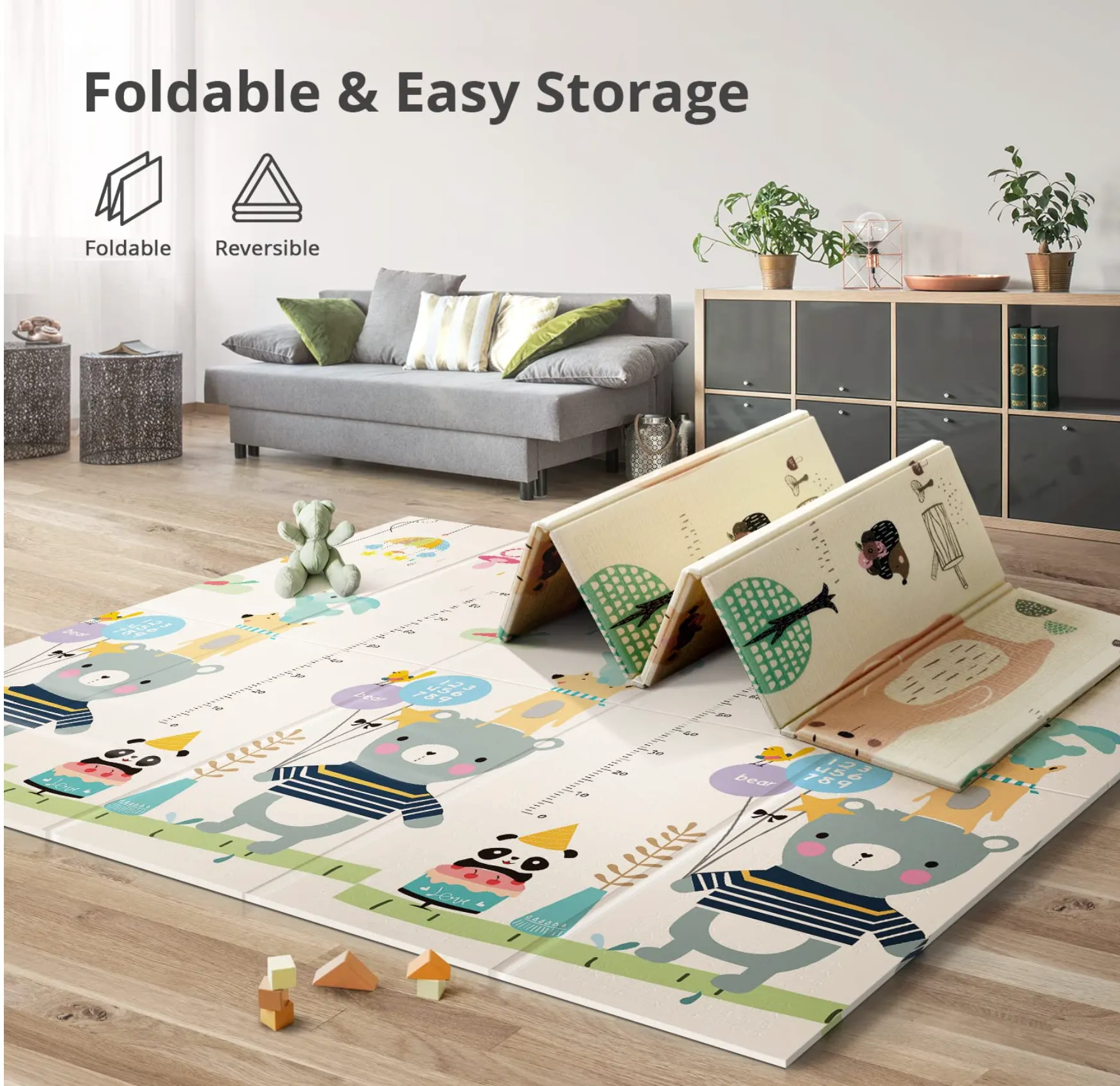 2m*1.8m*1.5cm - Foldable Baby Play Mat with Carry Bag - Elephant & ABC Double Sides - (Thickness 1.5cm) - Waterproof Indoor Outdoor Use