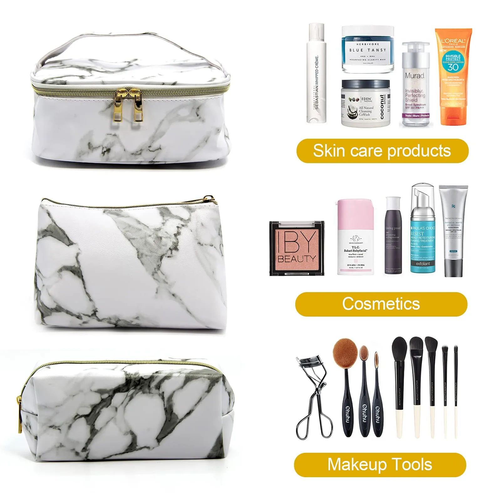 3Pack Cosmetic Bag Travel Makeup Bag Waterproof PU Makeup Organizer Bag with Zipper Portable Beauty Toiletry Bags for Women Girl (Marble) White