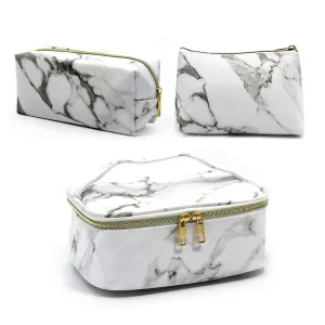 3Pack Cosmetic Bag Travel Makeup Bag Waterproof PU Makeup Organizer Bag with Zipper Portable Beauty Toiletry Bags for Women Girl (Marble) White
