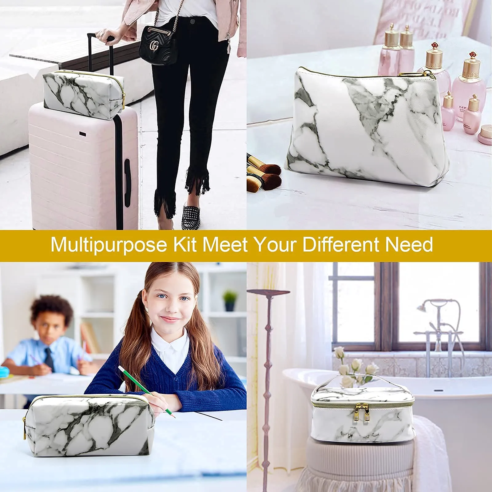 3Pack Cosmetic Bag Travel Makeup Bag Waterproof PU Makeup Organizer Bag with Zipper Portable Beauty Toiletry Bags for Women Girl (Marble) White