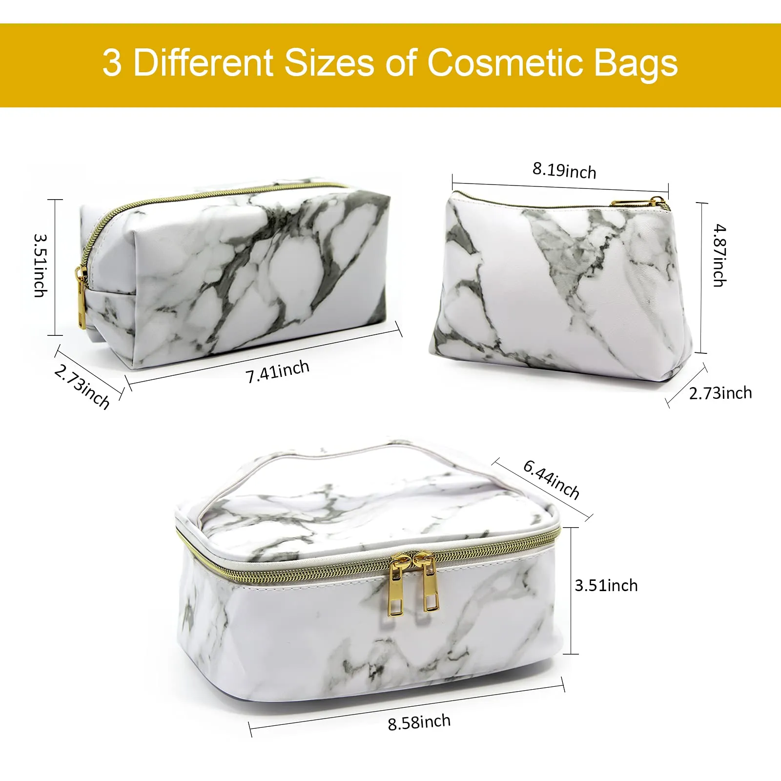 3Pack Cosmetic Bag Travel Makeup Bag Waterproof PU Makeup Organizer Bag with Zipper Portable Beauty Toiletry Bags for Women Girl (Marble) White
