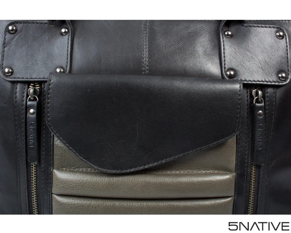 5NATIVE BLACK AND GREY EAST WEST LEATHER PORTFOLIO MESSENGER BAG