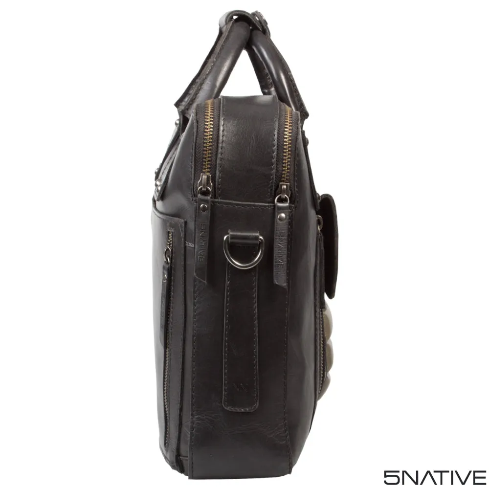 5NATIVE BLACK AND GREY EAST WEST LEATHER PORTFOLIO MESSENGER BAG