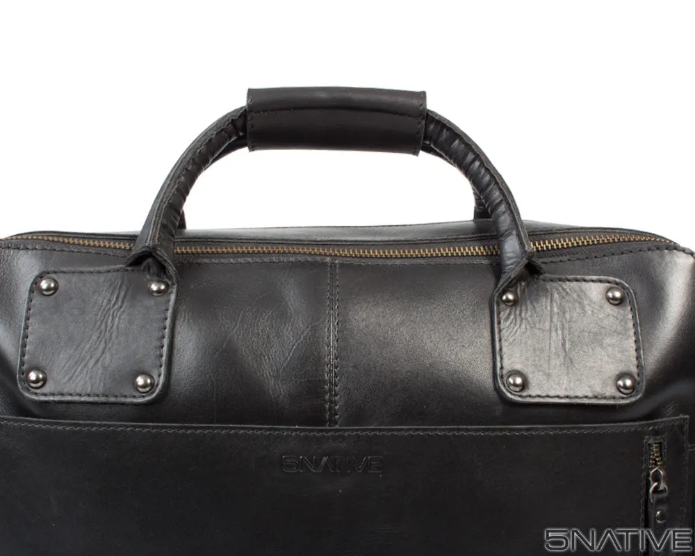 5NATIVE BLACK AND GREY EAST WEST LEATHER PORTFOLIO MESSENGER BAG