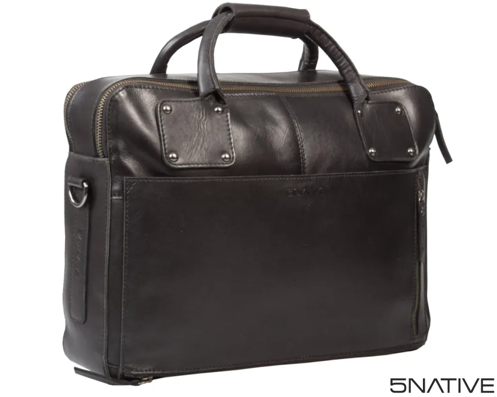 5NATIVE BLACK AND GREY EAST WEST LEATHER PORTFOLIO MESSENGER BAG
