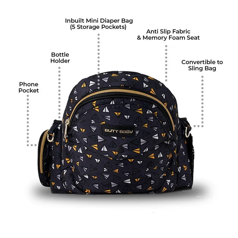 Airplanes Baby Carrier with Hip Seat & In-built Mini Diaper Bag - Black