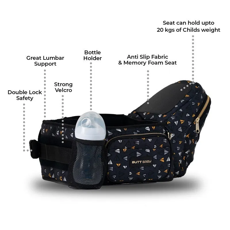 Airplanes Baby Carrier with Hip Seat & In-built Mini Diaper Bag - Black