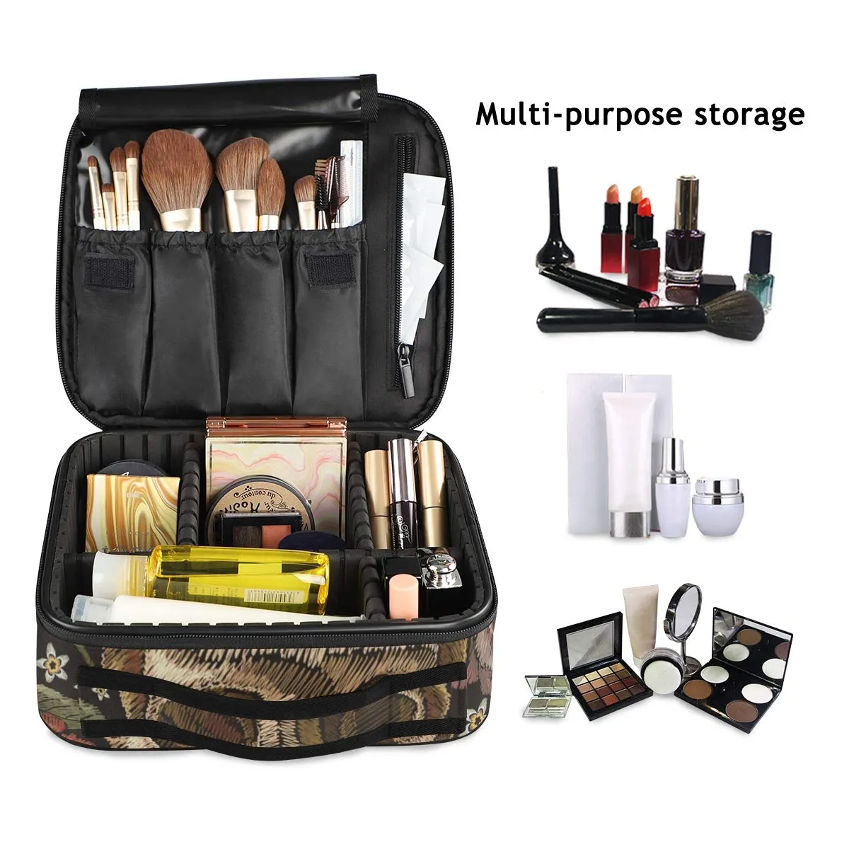 ALAZA Travel Makeup Case, Day of The Dead Skull Rose Humming Bird Dia Muertos Cosmetic toiletry Travel bag for Women Girls Multi 07