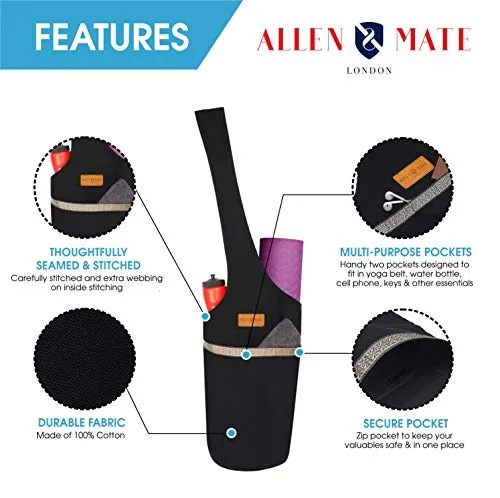 ALLEN & MATE Large Yoga Mat Bag with Side Pocket and Zipper Pocket, Fit Most Size Mats (BLACK)