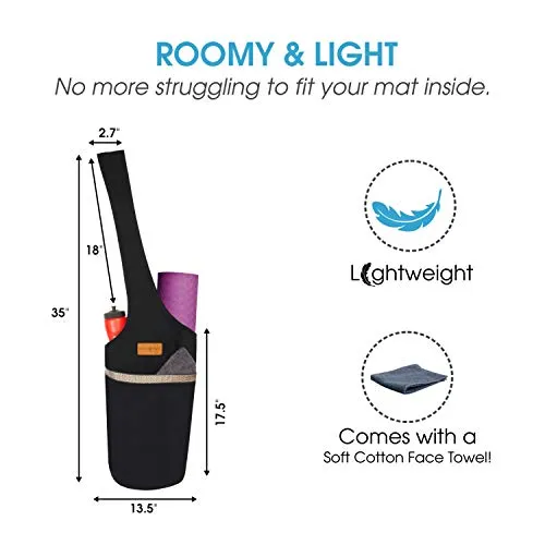 ALLEN & MATE Large Yoga Mat Bag with Side Pocket and Zipper Pocket, Fit Most Size Mats (BLACK)