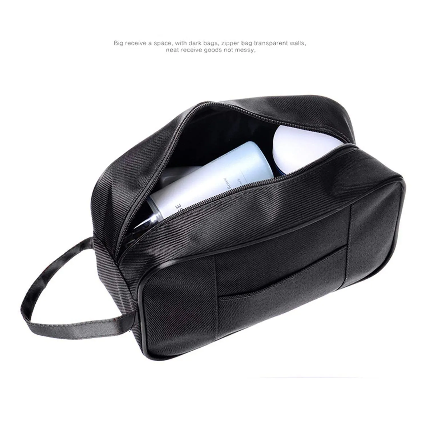 Amoyie Portable Toiletry Bag 2 Set (1 Bag and 1 Toothbrush Cover), Waterproof Gym Wash Bag Slim Dopp Kit Travel Bag Black C