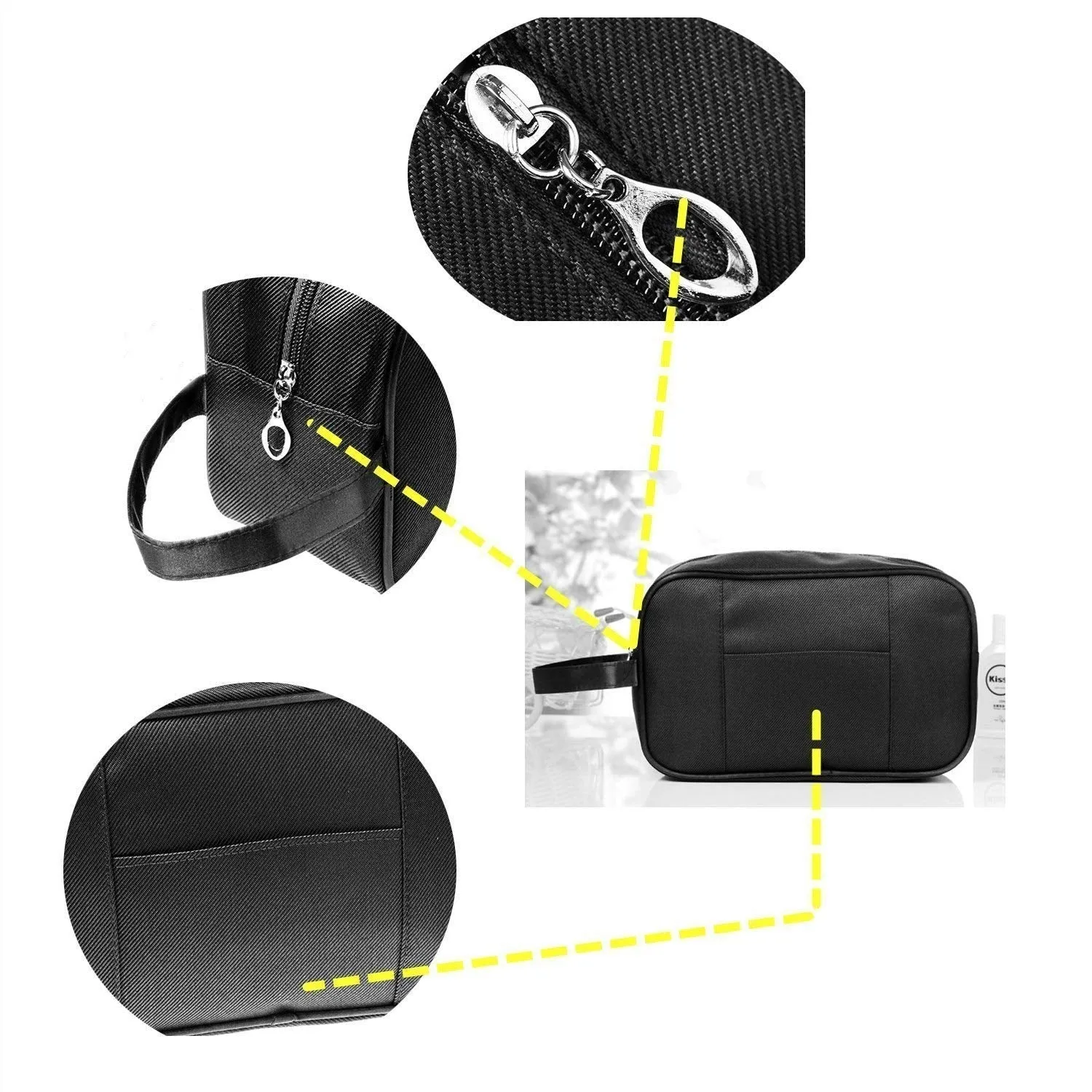 Amoyie Portable Toiletry Bag 2 Set (1 Bag and 1 Toothbrush Cover), Waterproof Gym Wash Bag Slim Dopp Kit Travel Bag Black C