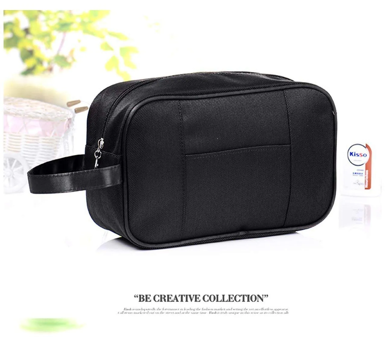 Amoyie Portable Toiletry Bag 2 Set (1 Bag and 1 Toothbrush Cover), Waterproof Gym Wash Bag Slim Dopp Kit Travel Bag Black C