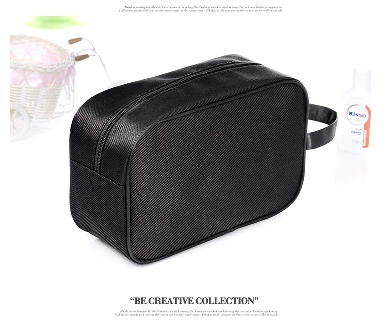 Amoyie Portable Toiletry Bag 2 Set (1 Bag and 1 Toothbrush Cover), Waterproof Gym Wash Bag Slim Dopp Kit Travel Bag Black C