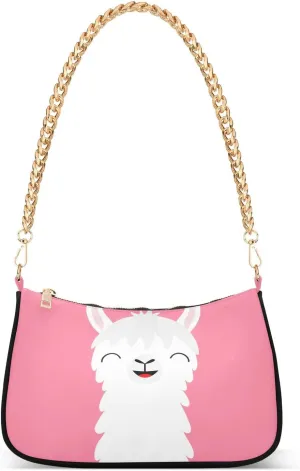 Animal Cute Llama Alpaca Pink Shoulder Handbags for Women Travel Hobo Tote Handbag Women Gold Chain Shoulder Bags Purse with Zipper Closure