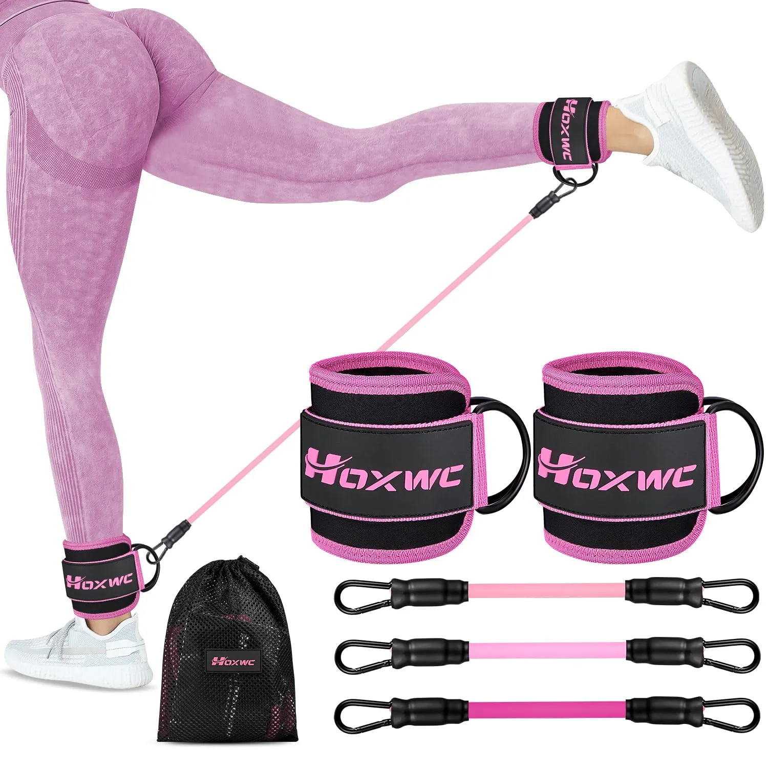 Ankle Resistance Bands with Cuffs, Ankle Bands for Working Out, Ankle Resistance Band for Leg, Booty Workout Equipment for Kickbacks Hip Fitness Training, Exercise Bands for Butt Lift Women 1-pink