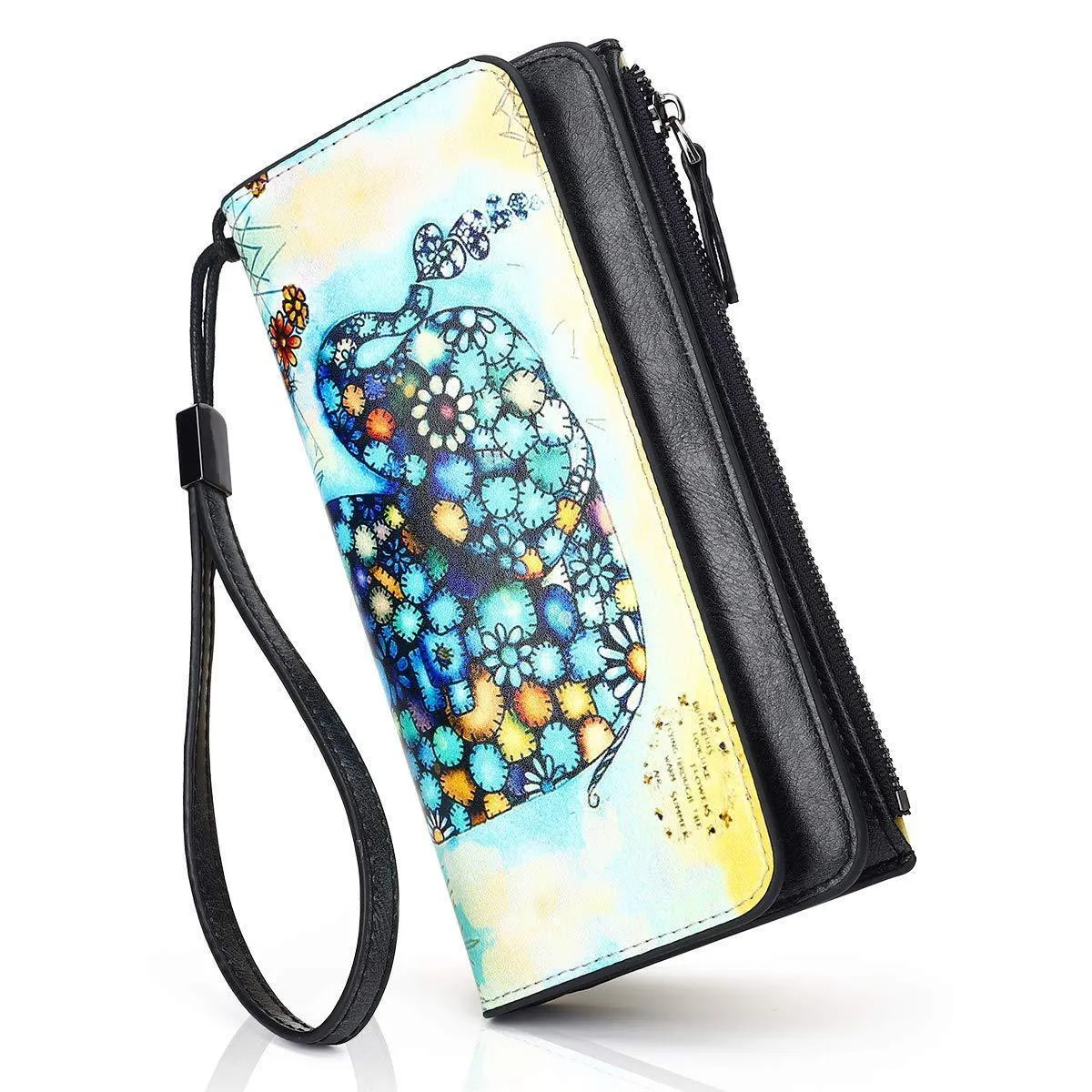 APHISON Designer Purses for Women RFID Blocking PU Leather Wallet Tri-fold Wristlet Clutch Card Organizer with Zipper Pocket Ladies Gift Blue Elephant 001
