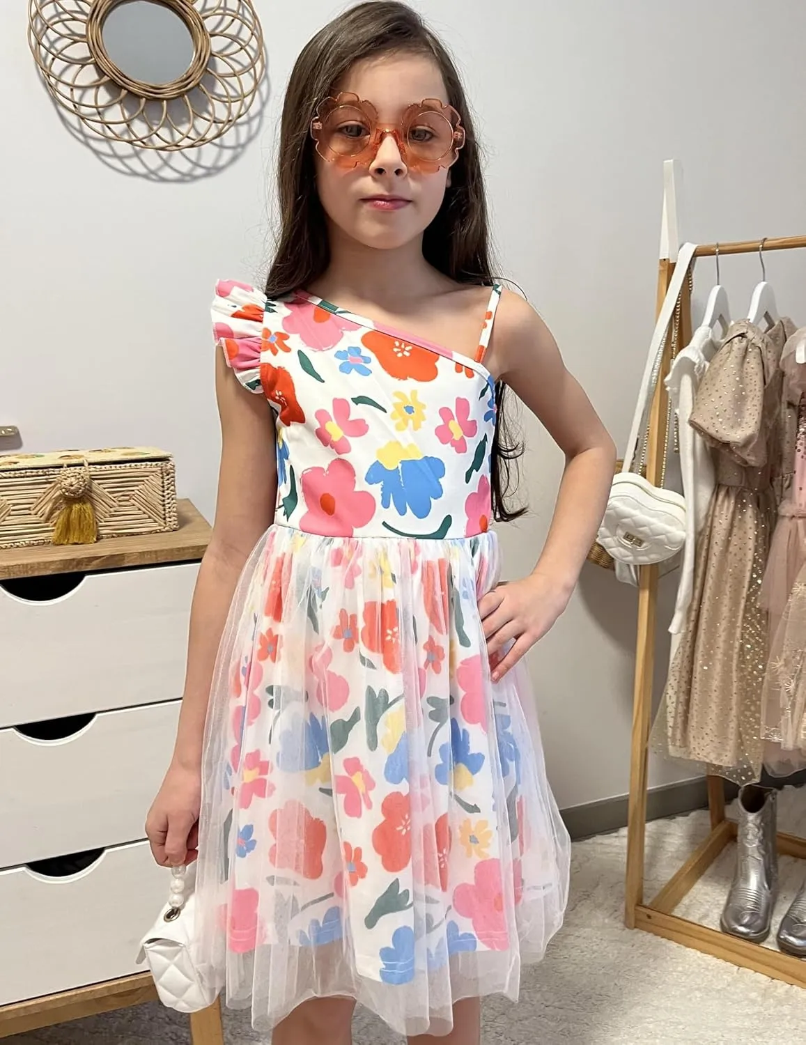 Arshiner Girls Dresses Summer One Shoulder Ruffle Sleeveless Formal Fancy Party Birthday Tulle Dress with Belted