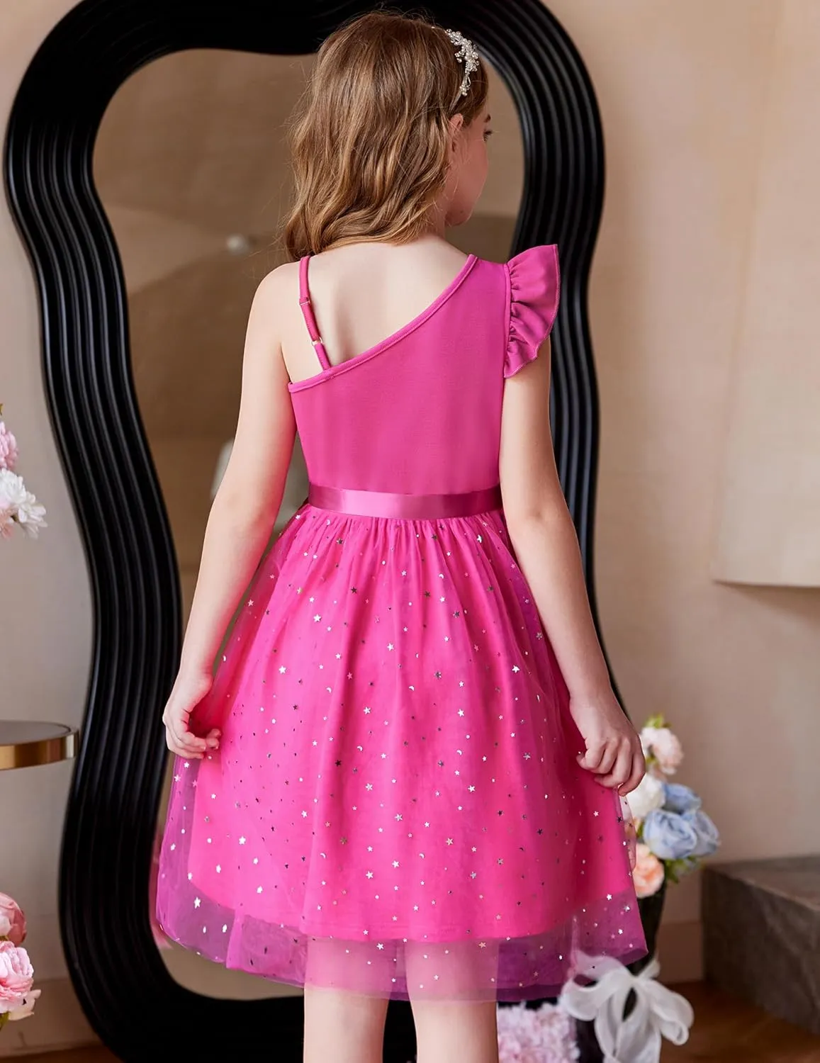 Arshiner Girls Dresses Summer One Shoulder Ruffle Sleeveless Formal Fancy Party Birthday Tulle Dress with Belted