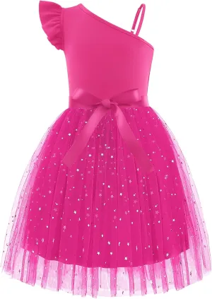 Arshiner Girls Dresses Summer One Shoulder Ruffle Sleeveless Formal Fancy Party Birthday Tulle Dress with Belted