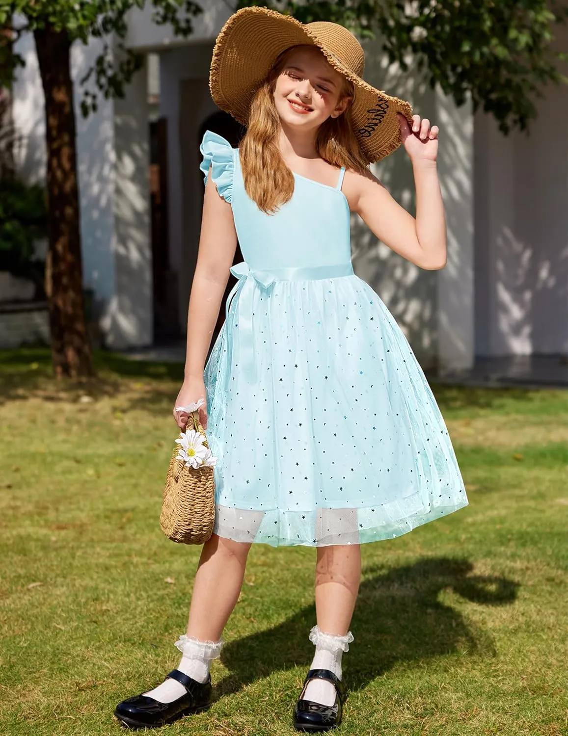 Arshiner Girls Dresses Summer One Shoulder Ruffle Sleeveless Formal Fancy Party Birthday Tulle Dress with Belted