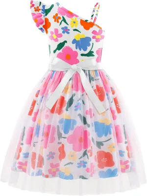 Arshiner Girls Dresses Summer One Shoulder Ruffle Sleeveless Formal Fancy Party Birthday Tulle Dress with Belted