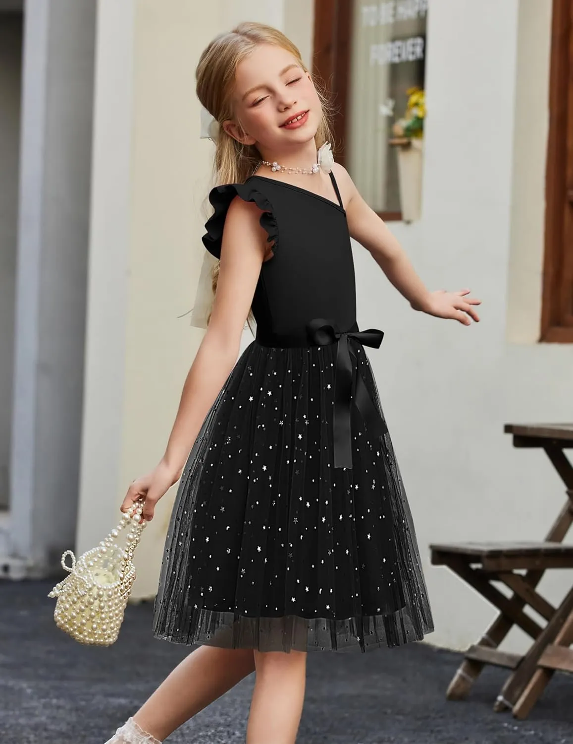 Arshiner Girls Dresses Summer One Shoulder Ruffle Sleeveless Formal Fancy Party Birthday Tulle Dress with Belted