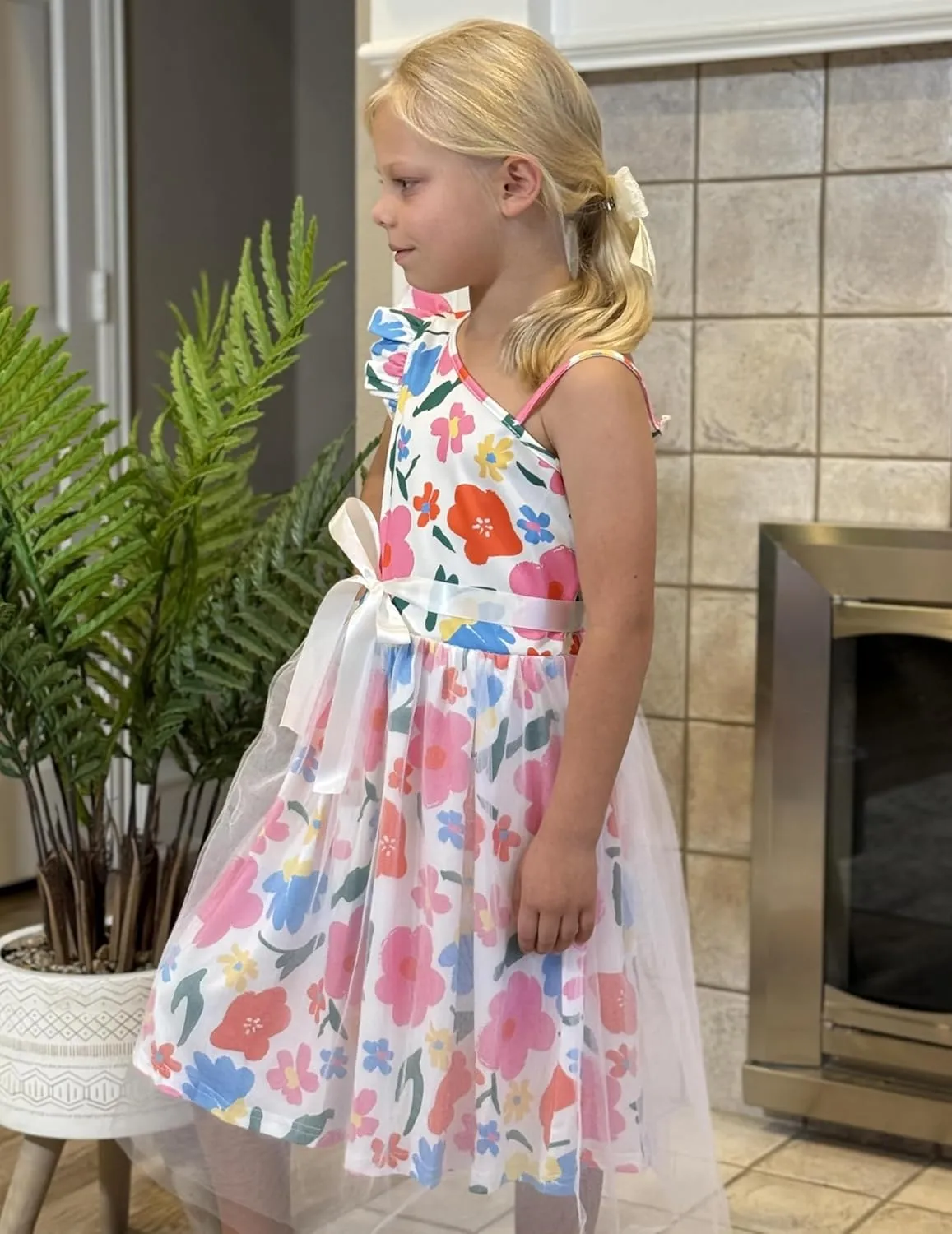 Arshiner Girls Dresses Summer One Shoulder Ruffle Sleeveless Formal Fancy Party Birthday Tulle Dress with Belted