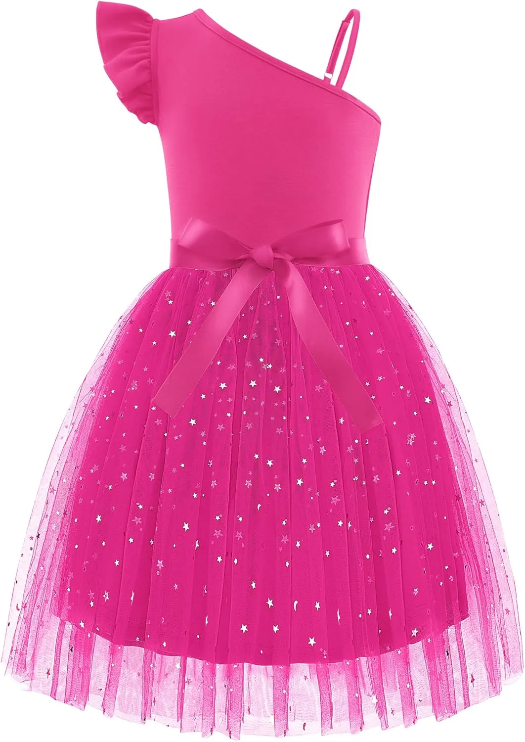 Arshiner Girls Dresses Summer One Shoulder Ruffle Sleeveless Formal Fancy Party Birthday Tulle Dress with Belted