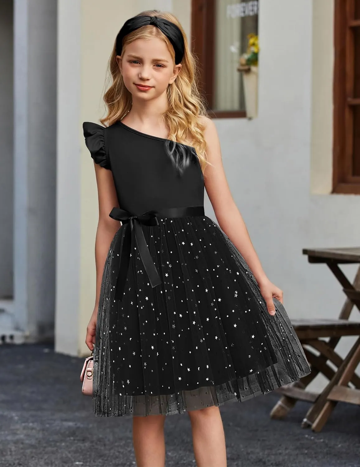 Arshiner Girls Dresses Summer One Shoulder Ruffle Sleeveless Formal Fancy Party Birthday Tulle Dress with Belted