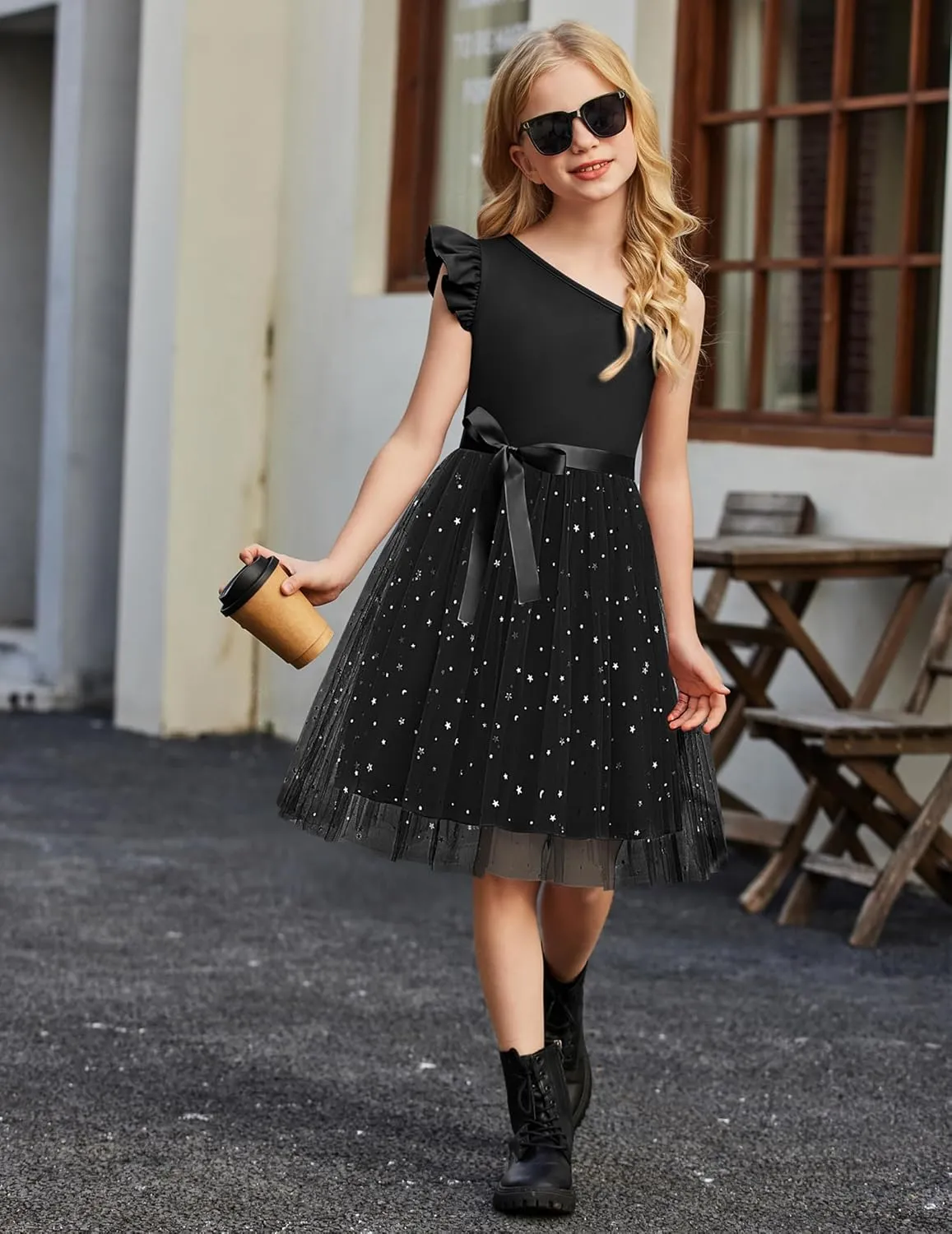 Arshiner Girls Dresses Summer One Shoulder Ruffle Sleeveless Formal Fancy Party Birthday Tulle Dress with Belted