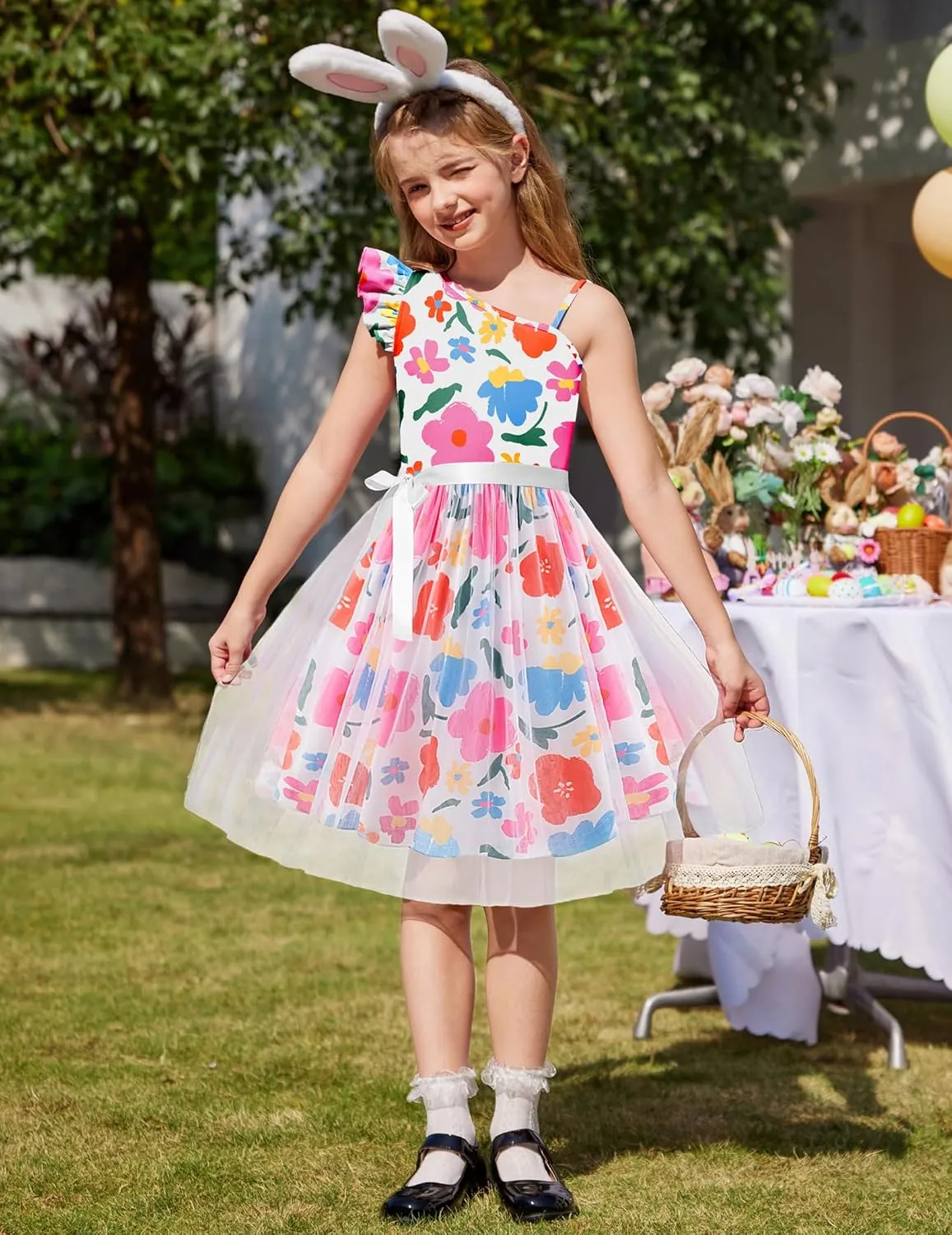 Arshiner Girls Dresses Summer One Shoulder Ruffle Sleeveless Formal Fancy Party Birthday Tulle Dress with Belted