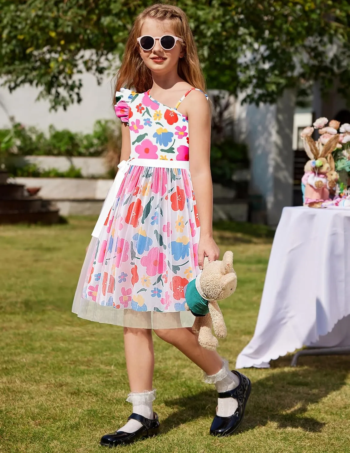 Arshiner Girls Dresses Summer One Shoulder Ruffle Sleeveless Formal Fancy Party Birthday Tulle Dress with Belted