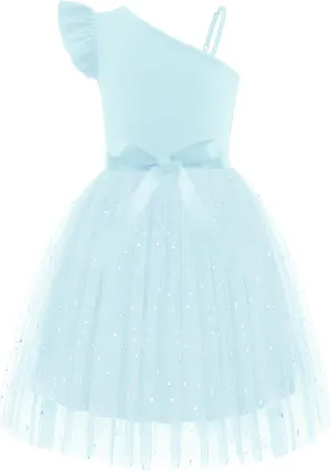 Arshiner Girls Dresses Summer One Shoulder Ruffle Sleeveless Formal Fancy Party Birthday Tulle Dress with Belted