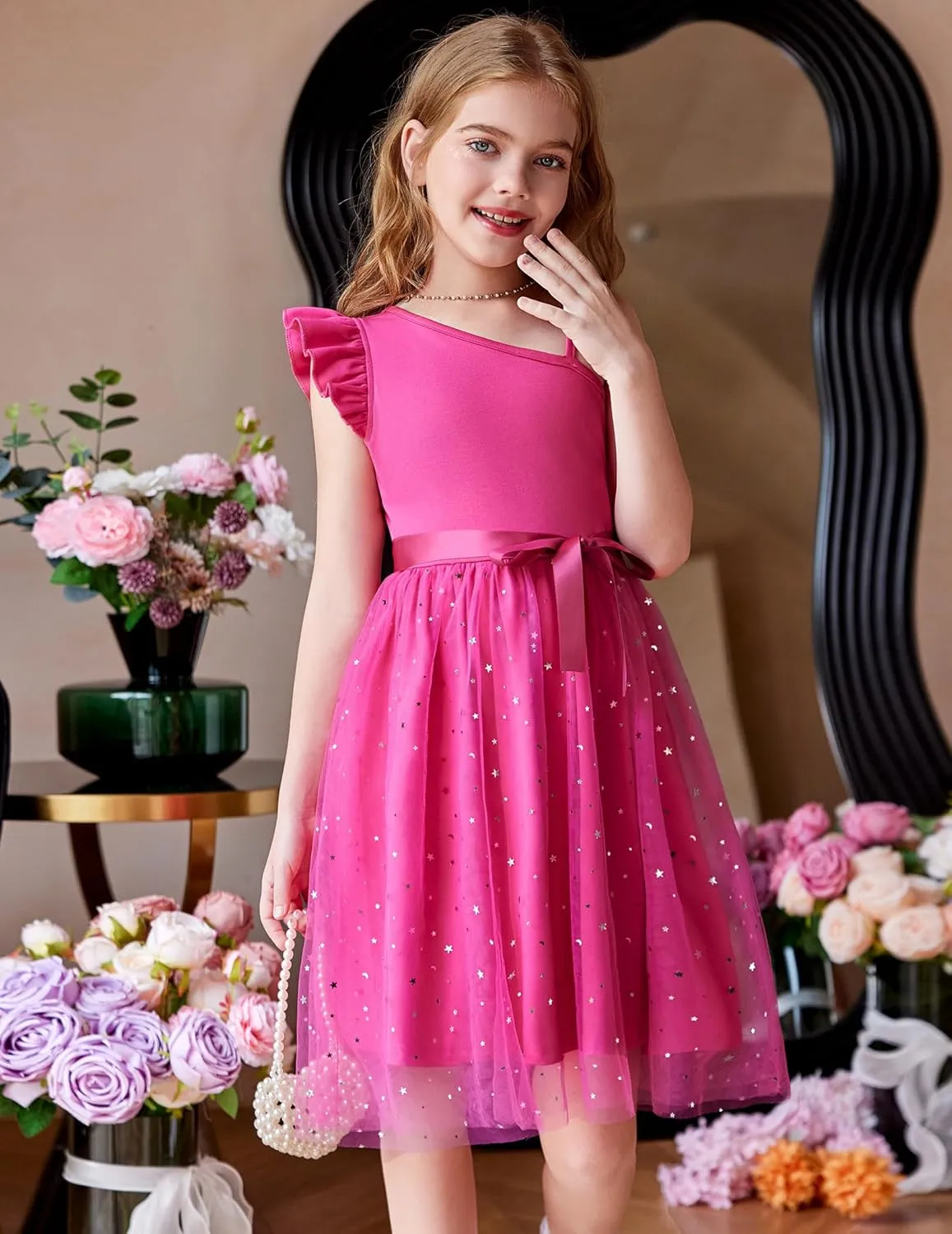 Arshiner Girls Dresses Summer One Shoulder Ruffle Sleeveless Formal Fancy Party Birthday Tulle Dress with Belted
