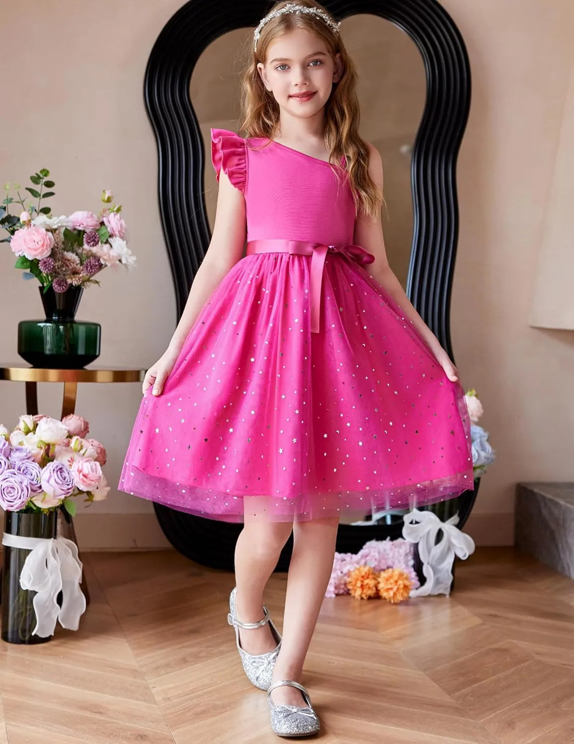 Arshiner Girls Dresses Summer One Shoulder Ruffle Sleeveless Formal Fancy Party Birthday Tulle Dress with Belted