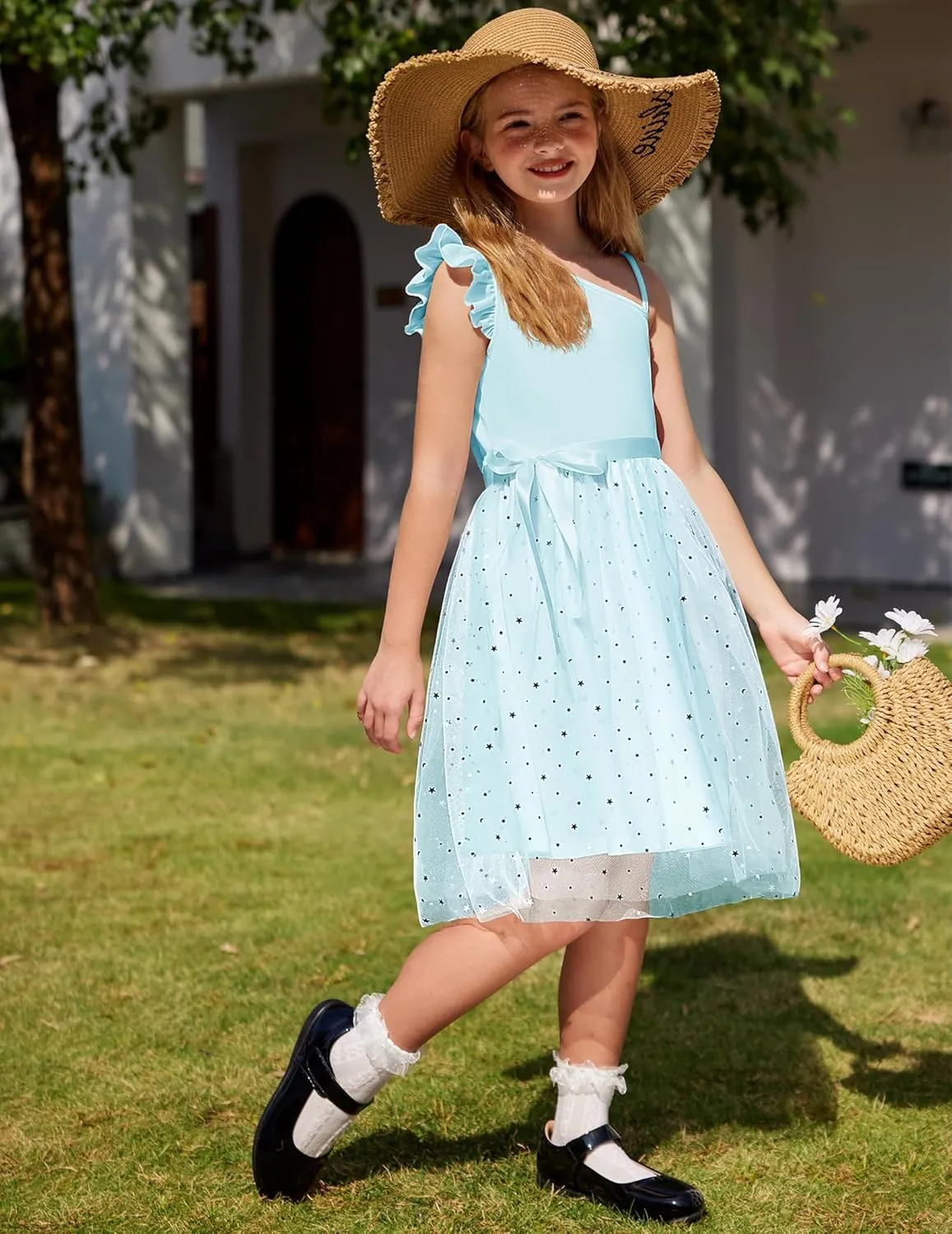 Arshiner Girls Dresses Summer One Shoulder Ruffle Sleeveless Formal Fancy Party Birthday Tulle Dress with Belted