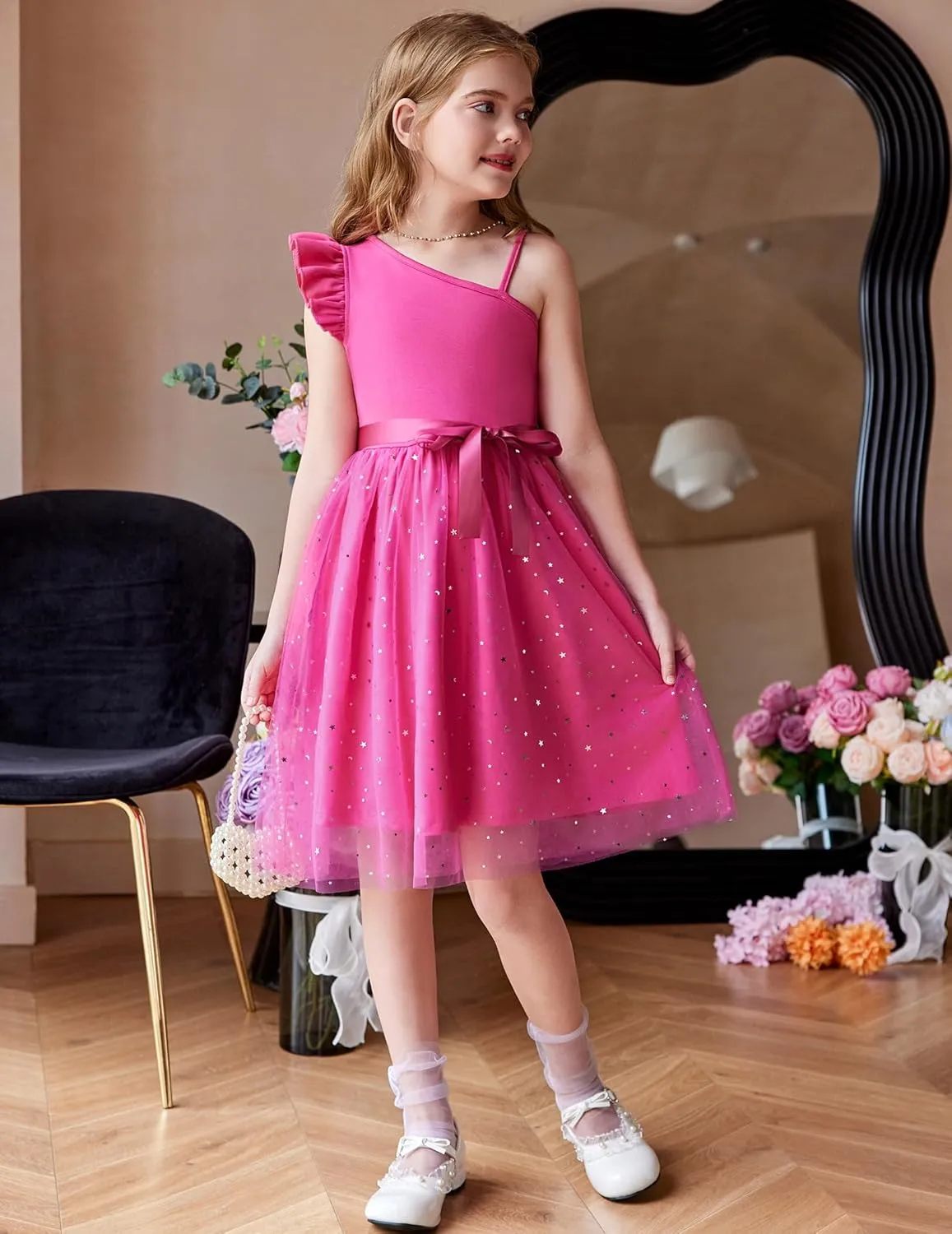 Arshiner Girls Dresses Summer One Shoulder Ruffle Sleeveless Formal Fancy Party Birthday Tulle Dress with Belted