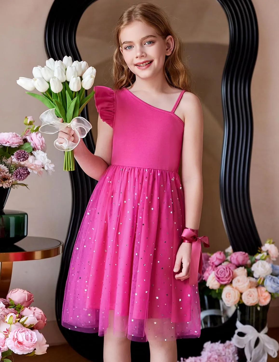 Arshiner Girls Dresses Summer One Shoulder Ruffle Sleeveless Formal Fancy Party Birthday Tulle Dress with Belted